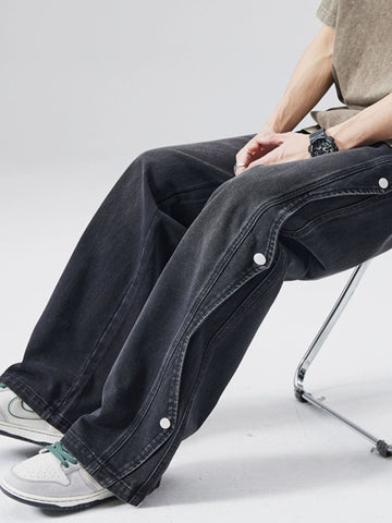 [WHOLESALE ONLY - CONTACT TO ORDER] Men's Heavyweight 100% Cotton Loose Fit Baggy Wide-Leg Jeans with Side Snap Buttons (Washed Charcoal Black) [AW-481]