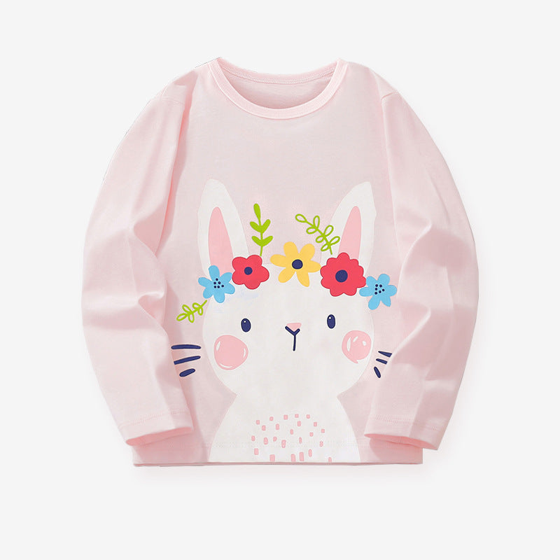[WHOLESALE ONLY - CONTACT TO ORDER] Toddler & Girls 100% Combed Cotton Floral Crown Bunny Long Sleeve T-Shirt (Pastel Pink) [KW-233]