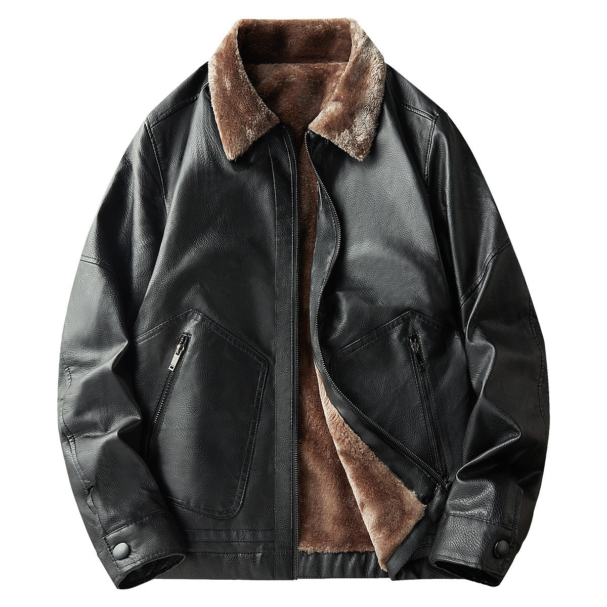 [WHOLESALE ONLY - CONTACT TO ORDER] Men's Heavyweight Faux Leather Sherpa Fleece Lined Winter Bomber Jacket with Fur Collar (Black) [AW-254]