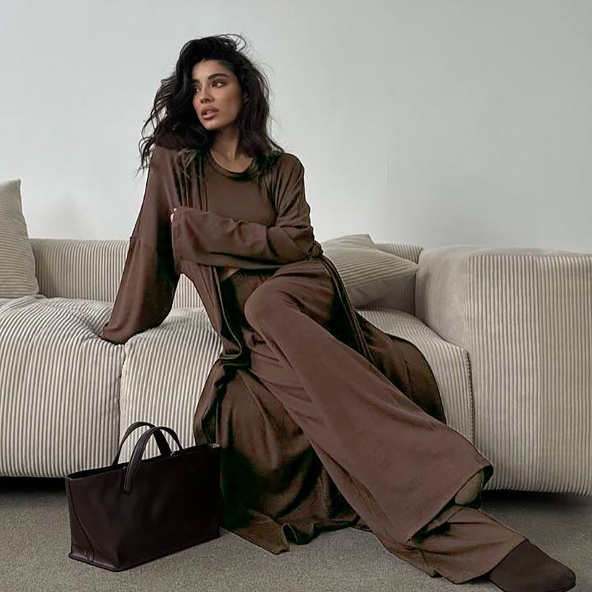 [WHOLESALE ONLY - CONTACT TO ORDER] Women's Cotton Blend 3-Piece Ultra-Soft Maxi Duster Robe, Top & Wide-Leg Pants Lounge Set (Espresso Brown) [AW-556]
