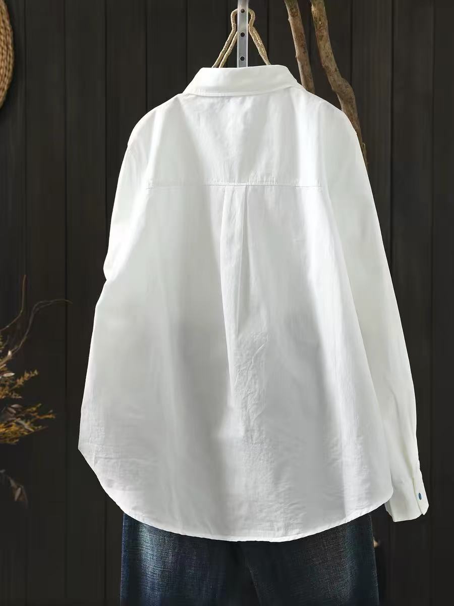 [WHOLESALE ONLY - CONTACT TO ORDER] Unisex Heavyweight 100% Cotton Contrast Blue Button Embroidered Oversized Long Sleeve White Shirt (Optic White) [AW-352]