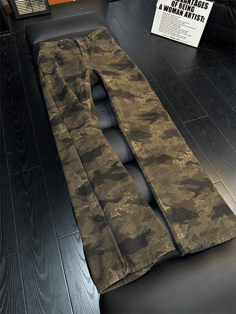 [WHOLESALE ONLY - CONTACT TO ORDER] Men's Heavyweight 100% Cotton Loose Fit Vintage Camo Wide-Leg Bootcut Flare Jeans (Distressed Olive) [AW-486]