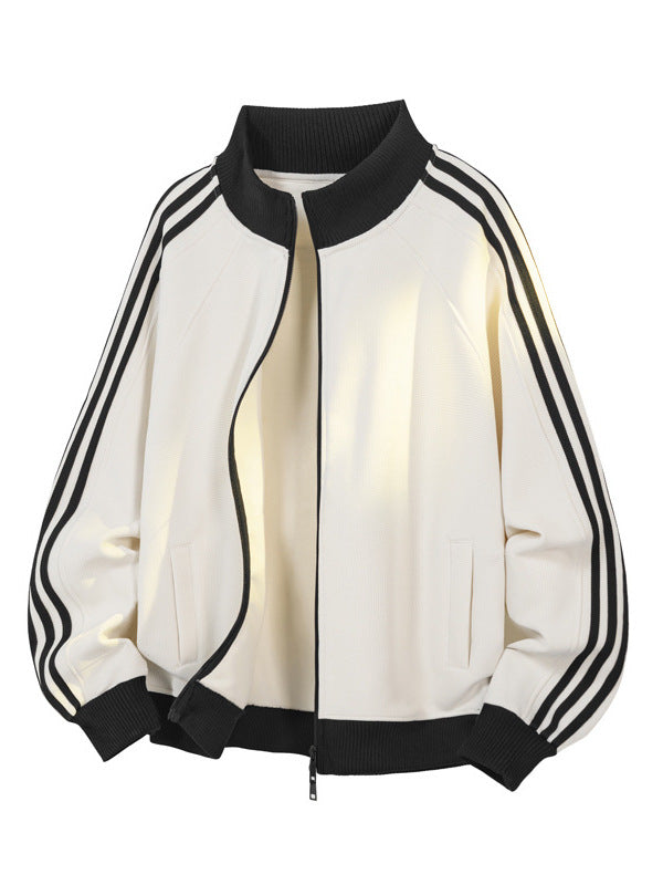 [WHOLESALE ONLY - CONTACT TO ORDER] Unisex Heavyweight 70% Cotton Waffle-Knit Stand Collar Zip Track Jacket with Side Stripes (Off-White / Black) [AW-377]