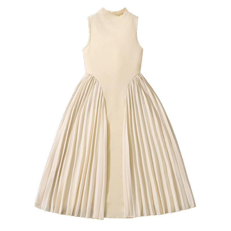 [WHOLESALE ONLY - CONTACT TO ORDER] Girls Elegant 70% Cotton Crepe Mock Neck Sleeveless Side Pleated Midi Dress (Butter Cream) [KW-185]