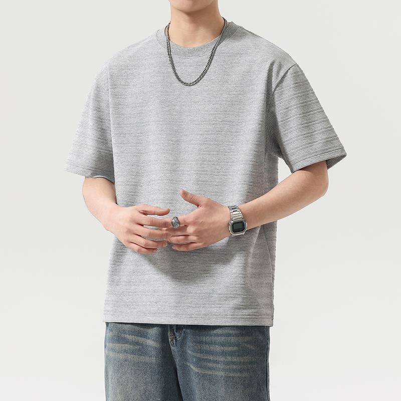 [WHOLESALE ONLY - CONTACT TO ORDER] Men's Heavyweight 100% Textured Cotton Oversized Drop-Shoulder T-Shirt with Mini Ribbed Jacquard (Heather Grey) [AW-466]