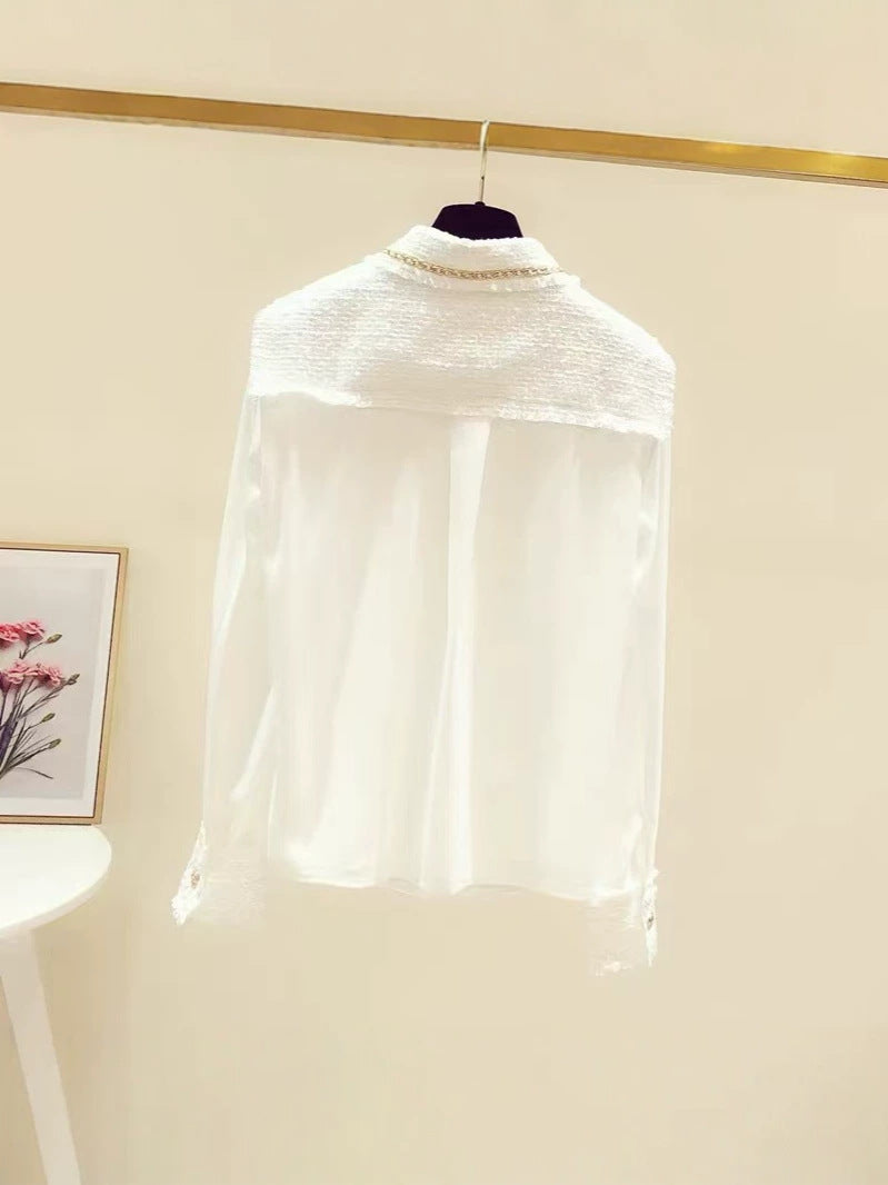 [WHOLESALE ONLY - CONTACT TO ORDER] Women's Heavyweight 65% Cotton Tweed Patchwork Gold Chain Trim Chiffon Long Sleeve Blouse (Ivory White) [AW-358]