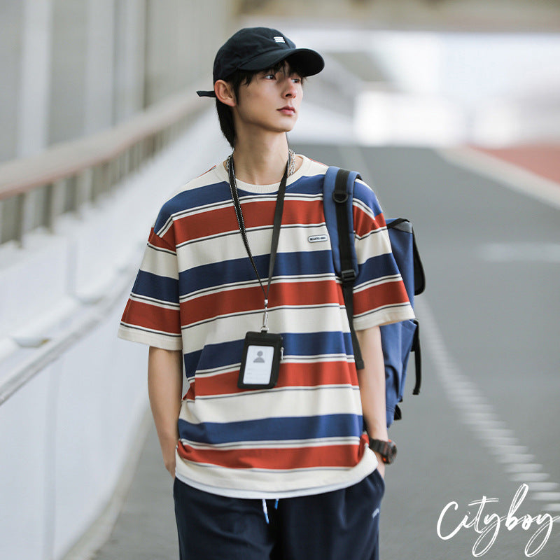 Men’s Colorblock Striped Tee – Retro Japanese Style Loose Fit Summer T-Shirt[NA-003]
