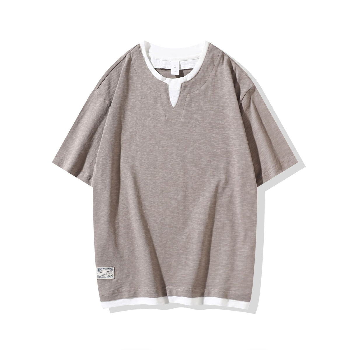 [WHOLESALE ONLY - CONTACT TO ORDER] Unisex Heavyweight 100% Slub Cotton Layered Notched V-Neck Loose Short Sleeve T-Shirt (Muted Khaki Grey) [AW-363]