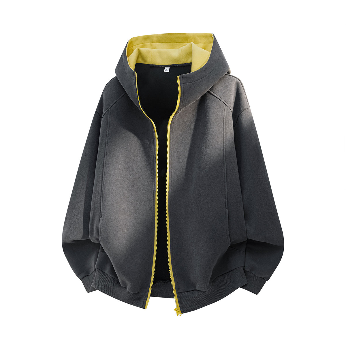 [WHOLESALE ONLY - CONTACT TO ORDER] Unisex Korean Clean Fit Heavyweight Scuba Fleece High-Neck Two-Way Full-Zip Hoodie (Charcoal Graphite / Contrast Lemon Yellow Lining) [AW-344]