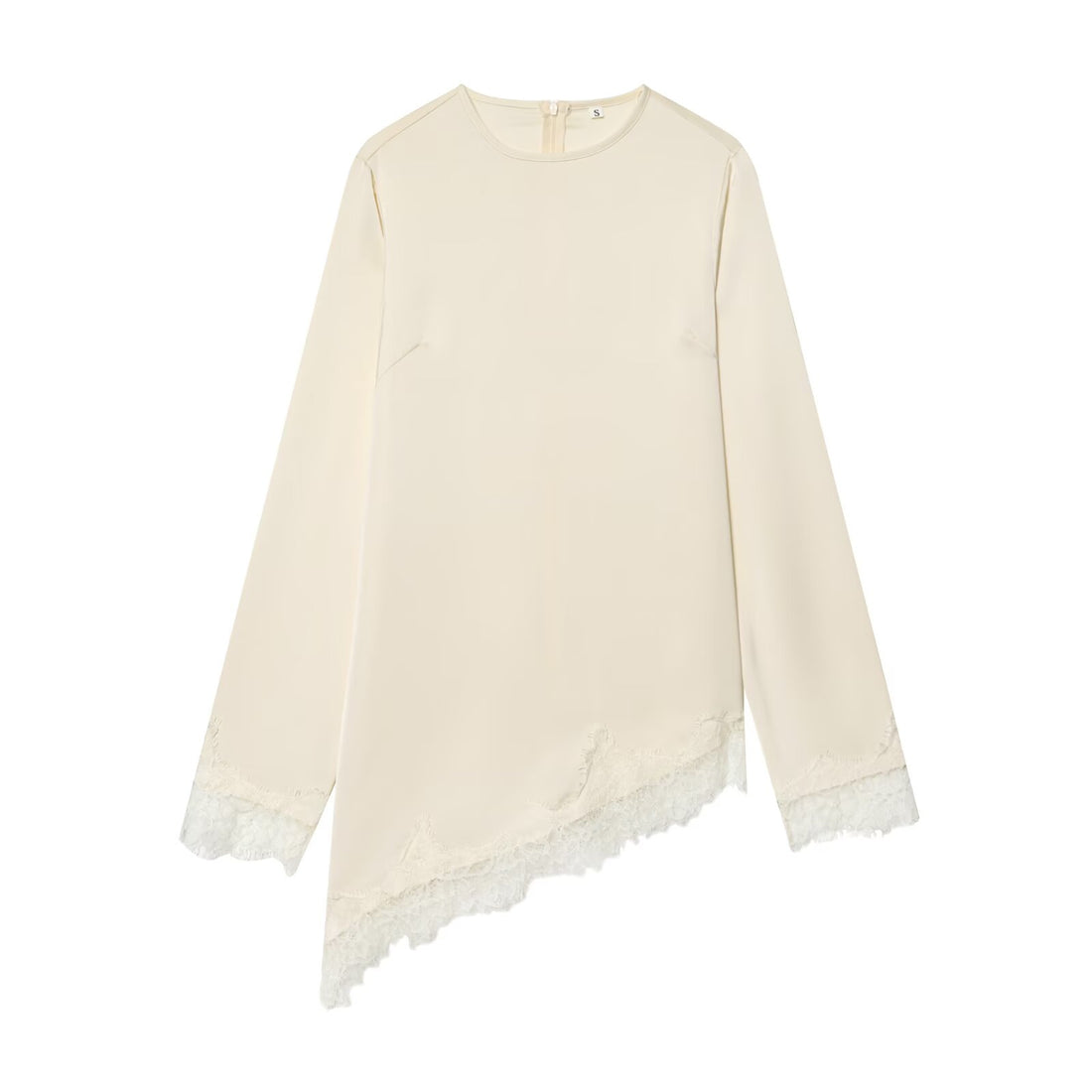 [WHOLESALE ONLY - CONTACT TO ORDER] Women's Cotton Blend Round Neck Asymmetrical Eyelash Lace Trim Satin Blouse (Champagne Ivory) [AW-472]
