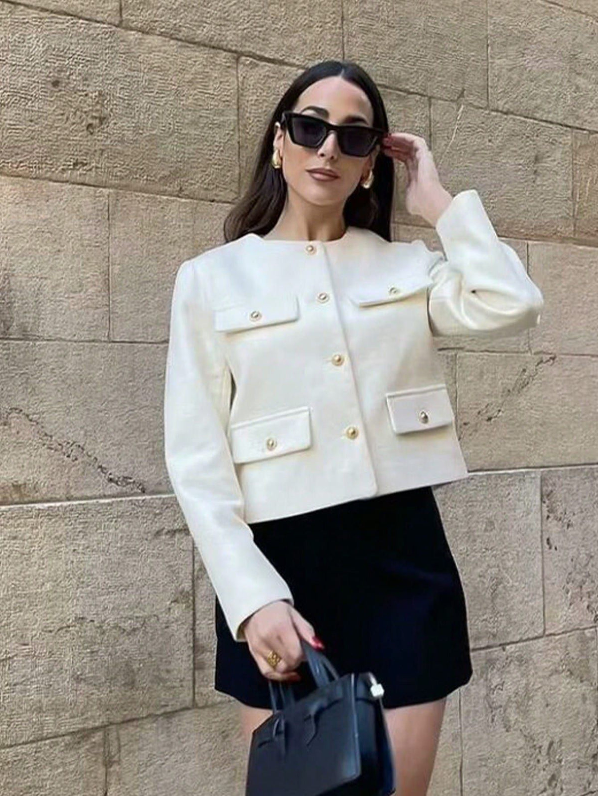 [WHOLESALE ONLY - CONTACT TO ORDER] Women's Elegant Cropped Cotton Blend Textured Tweed Jacket with Four Flap Pockets and Gold Buttons (Ivory White) [AW-451]