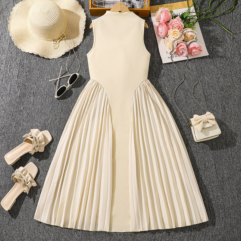 [WHOLESALE ONLY - CONTACT TO ORDER] Girls Elegant 70% Cotton Crepe Mock Neck Sleeveless Side Pleated Midi Dress (Butter Cream) [KW-185]