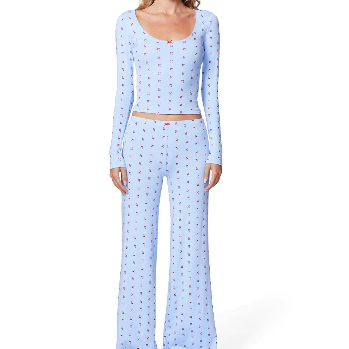 [WHOLESALE ONLY - CONTACT TO ORDER] Women's Cotton Blend 2-Piece Ribbon Bow Scoop-Neck Top & Flared Pants Pajama Set (Pastel Blue) [AW-537]