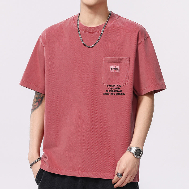 [WHOLESALE ONLY - CONTACT TO ORDER] Men's Heavyweight 100% Combed Cotton Vintage Washed Graphic Pocket Crewneck T-Shirt (Washed Brick Red) [AW-414]