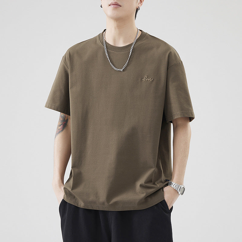 [WHOLESALE ONLY - CONTACT TO ORDER] Men's Clean Fit Heavyweight 100% Combed Cotton Drop-Shoulder T-Shirt with Script Embroidery (Mocha Brown) [AW-322]