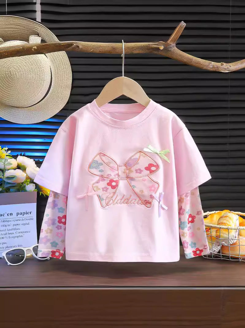 [WHOLESALE ONLY - CONTACT TO ORDER] Toddler & Girls Sweet 100% Combed Cotton Layered-Look Long Sleeve T-Shirt with 3D Ribbon Floral Bow (Pastel Pink) [KW-192]