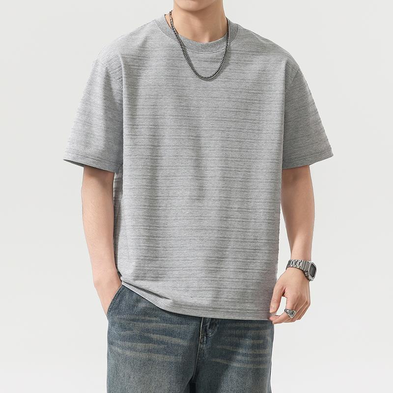 [WHOLESALE ONLY - CONTACT TO ORDER] Men's Heavyweight 100% Textured Cotton Oversized Drop-Shoulder T-Shirt with Mini Ribbed Jacquard (Heather Grey) [AW-466]