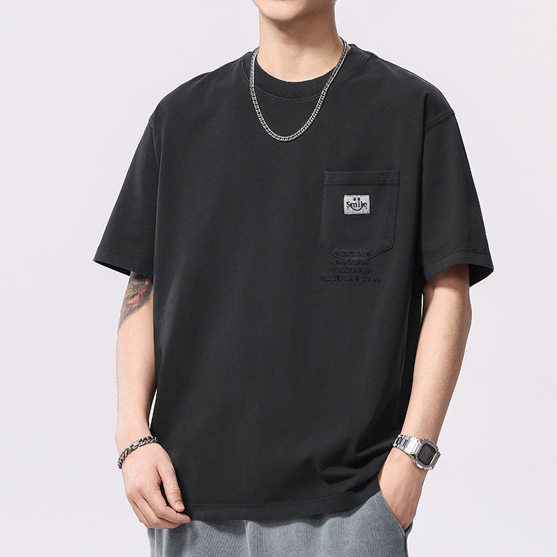 [WHOLESALE ONLY - CONTACT TO ORDER] Men's Heavyweight 100% Combed Cotton Vintage Washed Graphic Pocket Crewneck T-Shirt (Washed Charcoal Black) [AW-415]