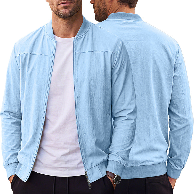 [WHOLESALE ONLY - CONTACT TO ORDER] Men's Lightweight Crinkle Washed Cotton Blend Baseball Collar Bomber Jacket with Ribbed Trim [AW-244]