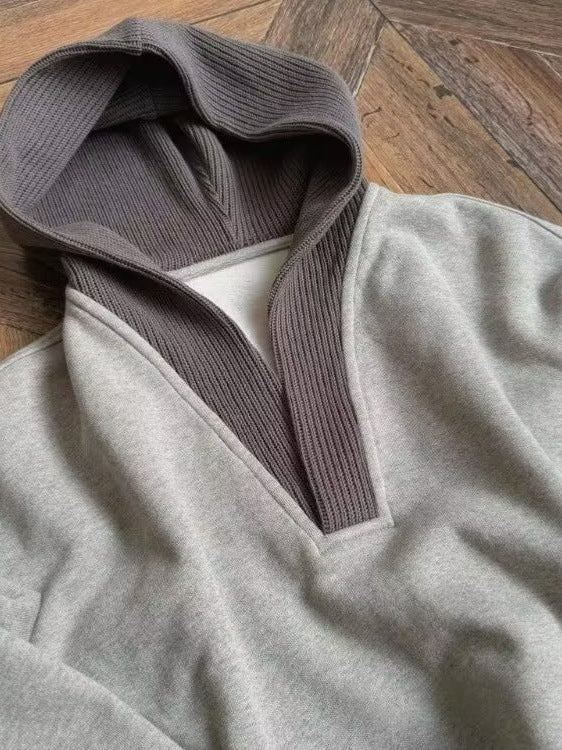 [WHOLESALE ONLY - CONTACT TO ORDER] Unisex Heavyweight Cotton Blend Faux Layered Contrast Ribbed V-Neck Hoodie (Oatmeal Grey) [AW-515]