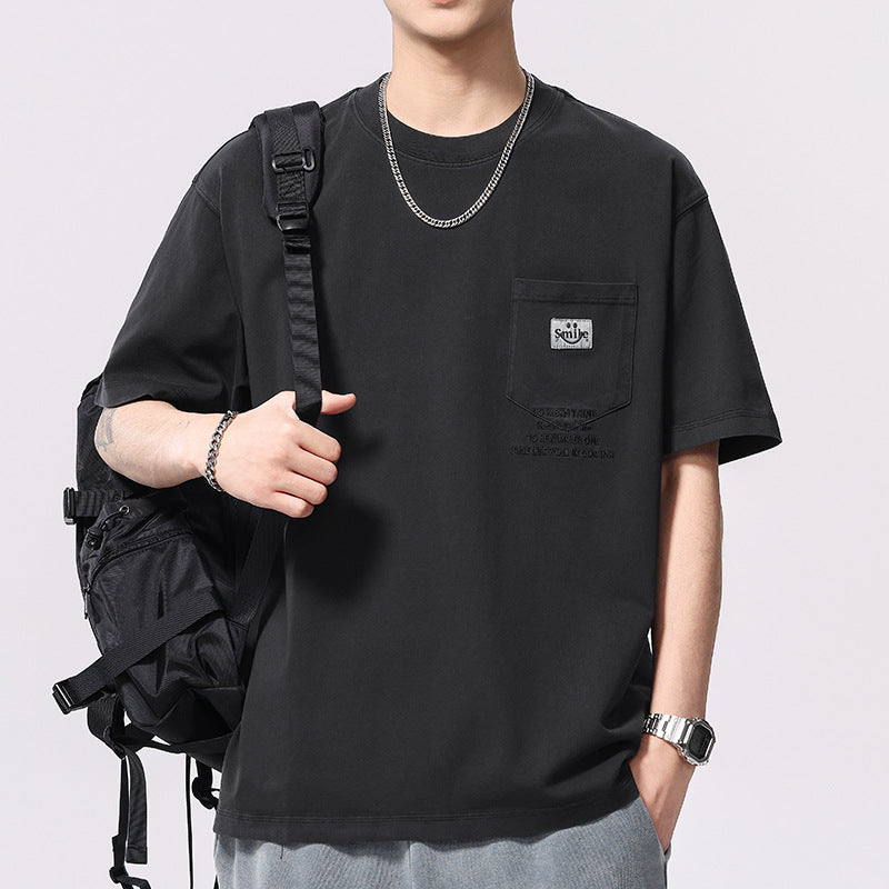 [WHOLESALE ONLY - CONTACT TO ORDER] Men's Heavyweight 100% Combed Cotton Vintage Washed Graphic Pocket Crewneck T-Shirt (Washed Charcoal Black) [AW-415]