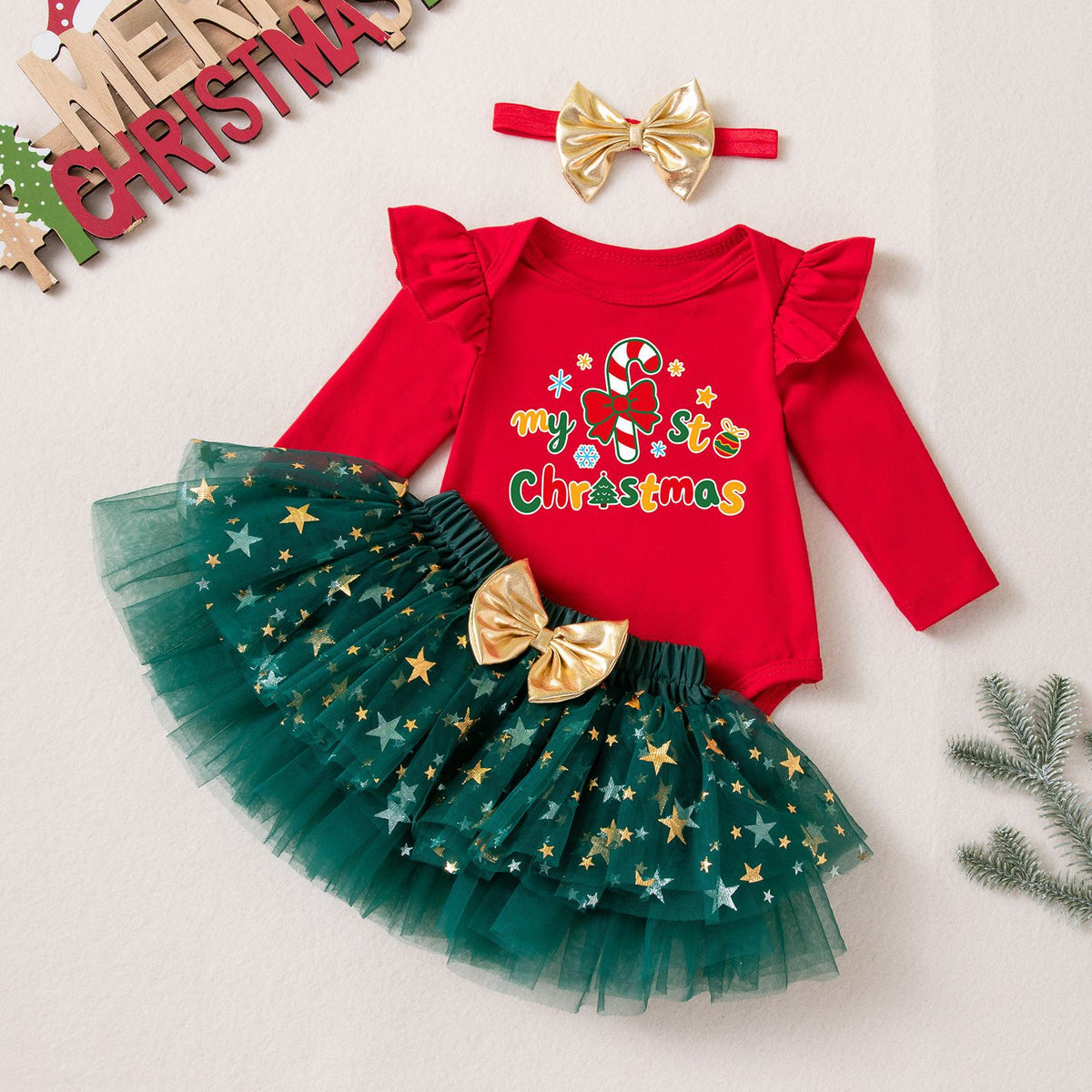 [WHOLESALE ONLY - CONTACT TO ORDER] Baby Girls 95% Combed Cotton Ruffle Long Sleeve "My 1st Christmas" Bodysuit & Gold Star Tulle Tutu Skirt 3-Piece Set with Headband (Festive Red & Green) [KW-227]