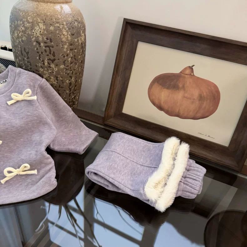 [WHOLESALE ONLY - CONTACT TO ORDER] Toddler & Girls Combed Cotton Fleece-Lined 3D Knotted Bow Sweatshirt & Pants 2-Piece Set (Heather Lavender) [KW-271]