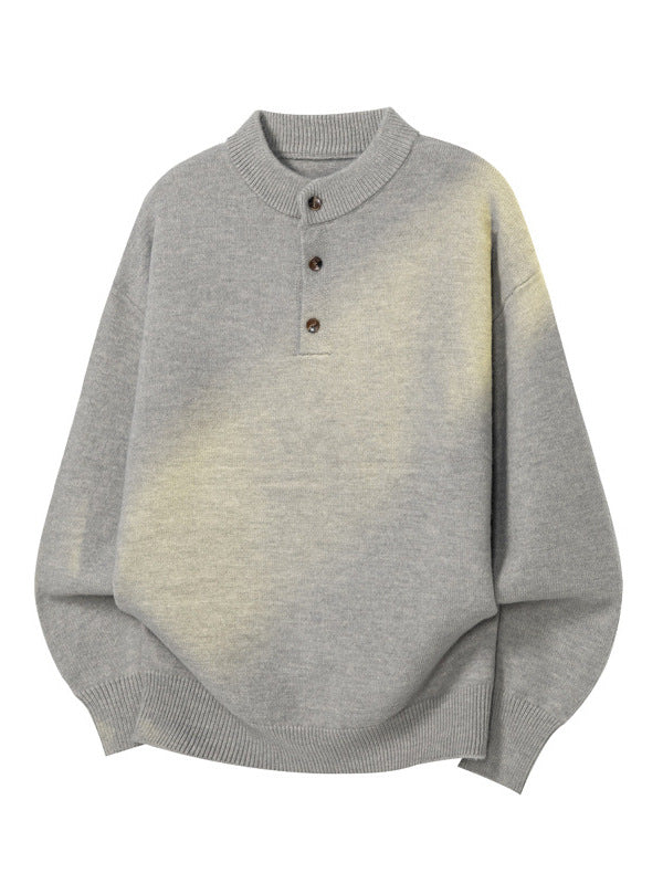 [WHOLESALE ONLY - CONTACT TO ORDER] Unisex Heavyweight 65% Cotton Ribbed Henley Collar Relaxed Knit Sweater (Heather Sage Grey) [AW-372]