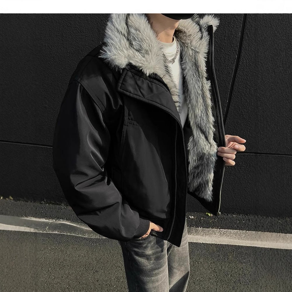 [WHOLESALE ONLY - CONTACT TO ORDER] Unisex Relaxed Fit Heavyweight 70% Cotton Padded Winter Bomber Jacket with Silver-Grey Faux Fur Hood (Jet Black) [AW-281]
