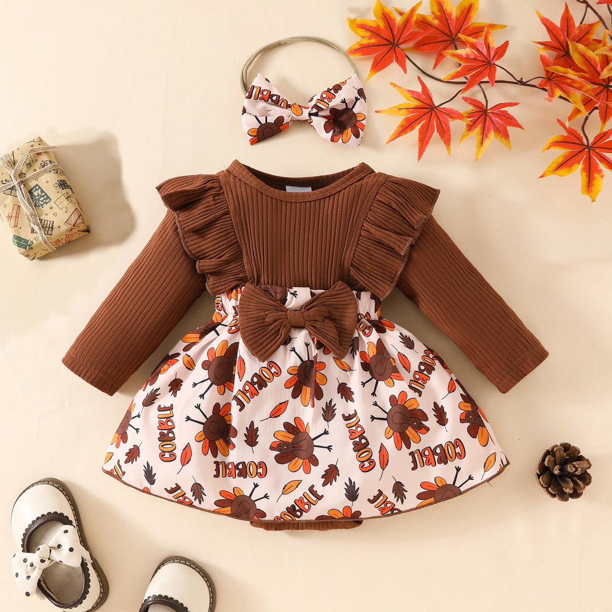 [WHOLESALE ONLY - CONTACT TO ORDER] Baby Girls Thanksgiving 95% Cotton Ribbed Ruffle Turkey Romper Dress with Headband Set (Chestnut Brown) [KW-187]
