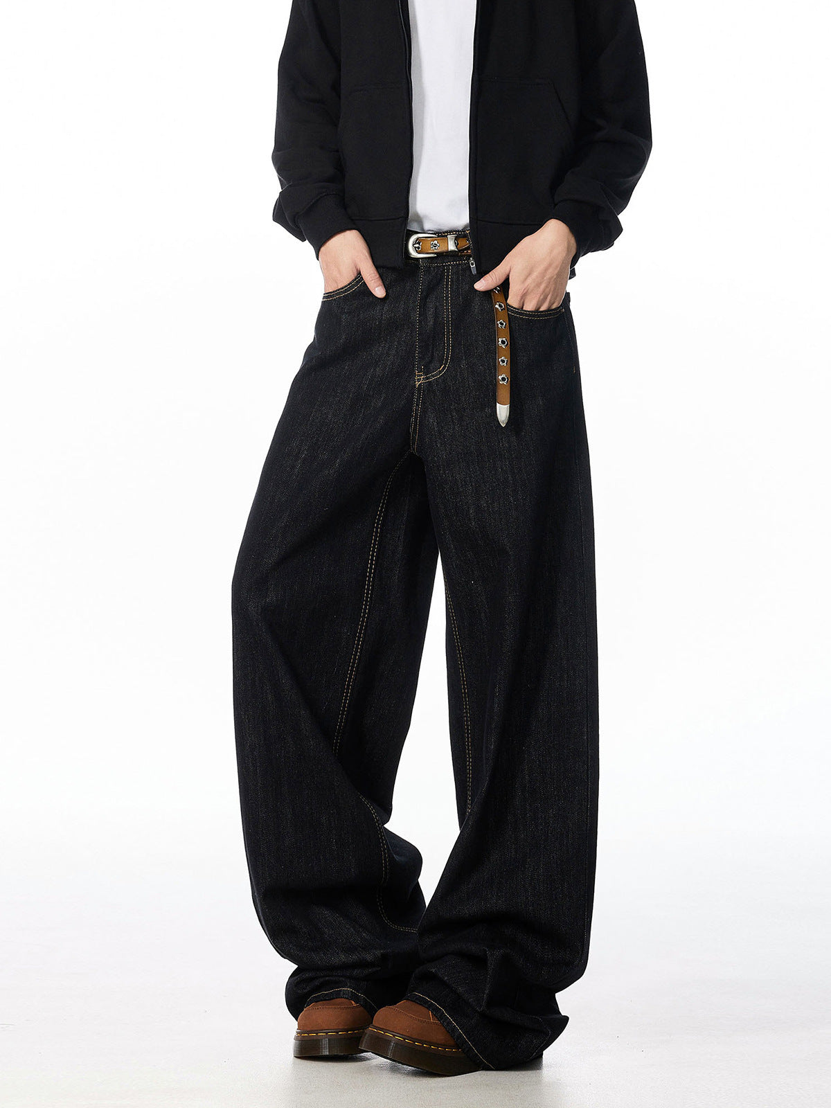 [WHOLESALE ONLY - CONTACT TO ORDER] Men's Heavyweight 100% Cotton Loose Fit Raw Indigo Wide-Leg Skater Jeans with Back Pocket Embroidery (Charcoal Black) [AW-485]