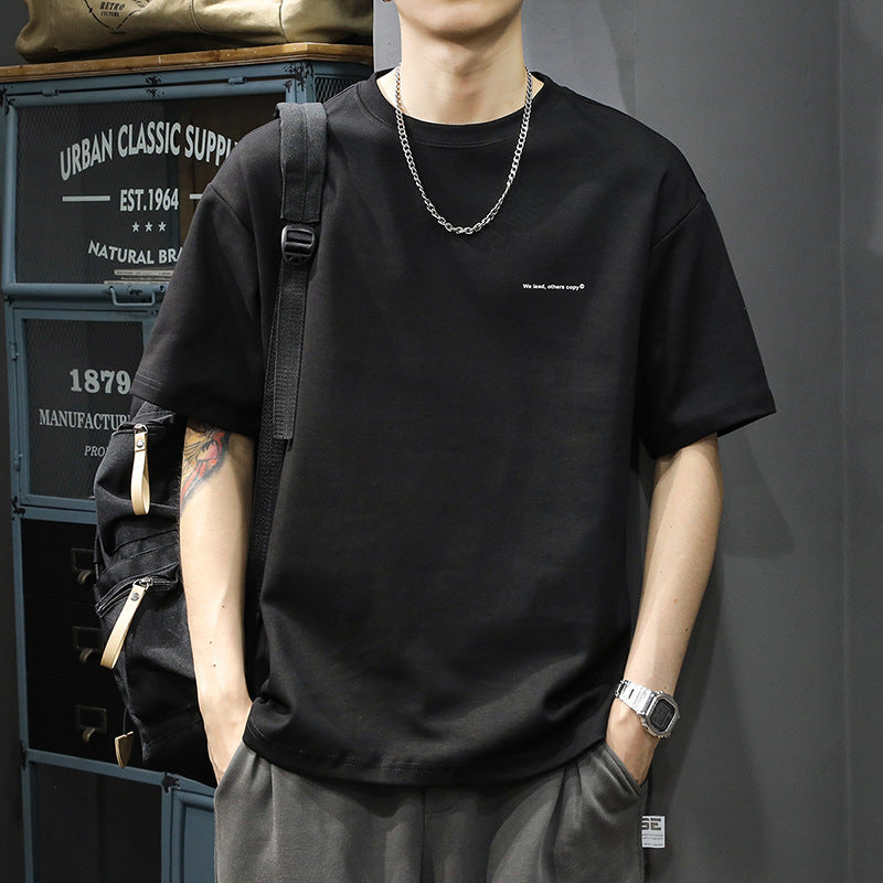 [WHOLESALE ONLY - CONTACT TO ORDER] Men's Clean Fit Heavyweight 100% Combed Cotton Drop-Shoulder T-Shirt with Micro Slogan (Obsidian Black) [AW-323]