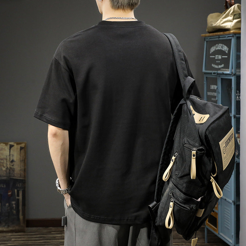 [WHOLESALE ONLY - CONTACT TO ORDER] Men's Clean Fit Heavyweight 100% Combed Cotton Drop-Shoulder T-Shirt with Micro Slogan (Obsidian Black) [AW-323]