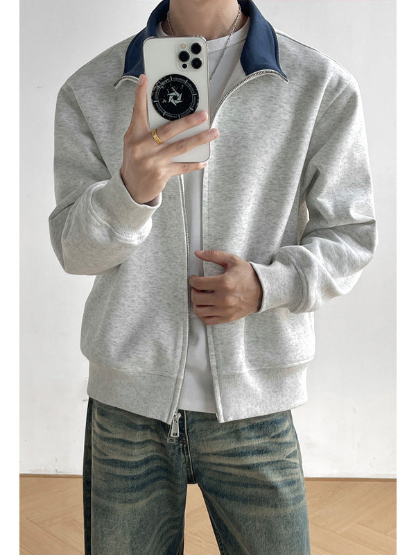 [WHOLESALE ONLY - CONTACT TO ORDER] Men's Heavyweight 75% Cotton Two-Way Zip Contrast Collar Fleece Jacket (Heather Oatmeal Grey) [AW-423]