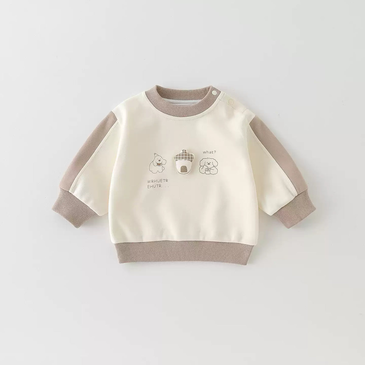 [WHOLESALE ONLY - CONTACT TO ORDER] Toddler Baby Fleece Crewneck Sweatshirt - 3D Acorn Patch Striped Shoulder Panel Puppy Pullover[KW-124]