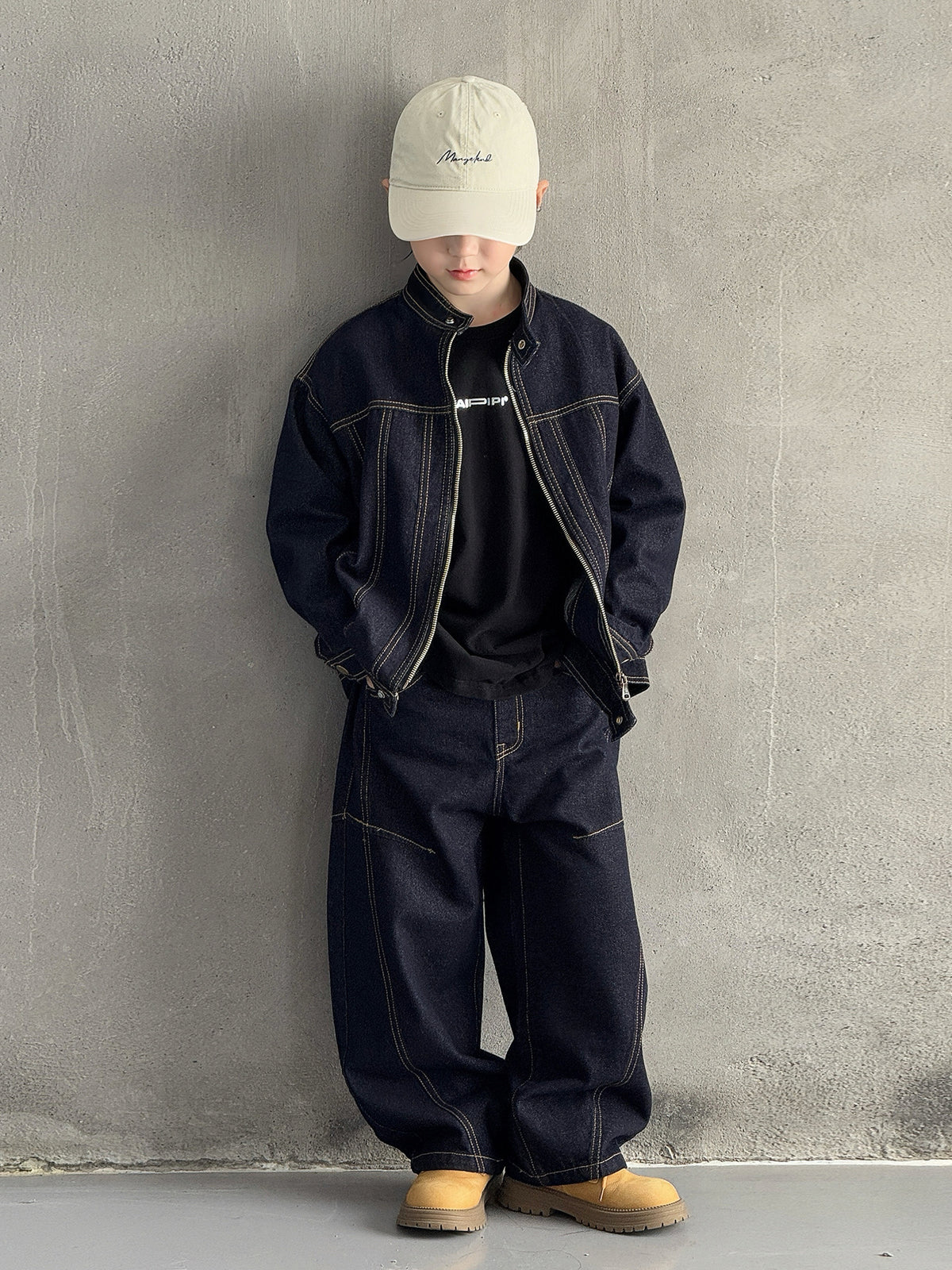 [WHOLESALE ONLY - CONTACT TO ORDER] Boys Heavyweight Cotton Baggy Wide-Leg Contrast Stitch Denim Jeans (Raw Indigo Blue) [KW-257]