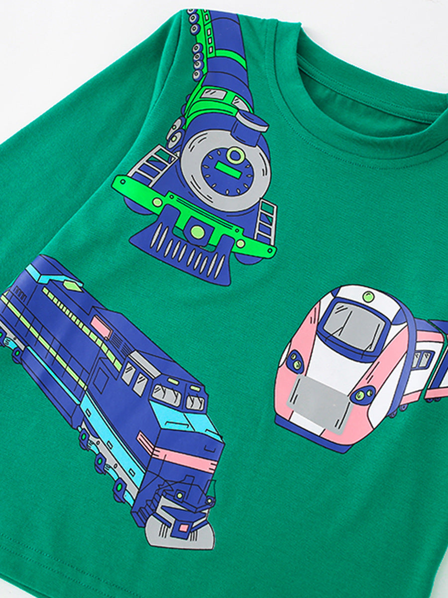 [WHOLESALE ONLY - CONTACT TO ORDER] Toddler & Boys 100% Combed Cotton Steam Train & Railway Long Sleeve T-Shirt (Emerald Green) [KW-244]