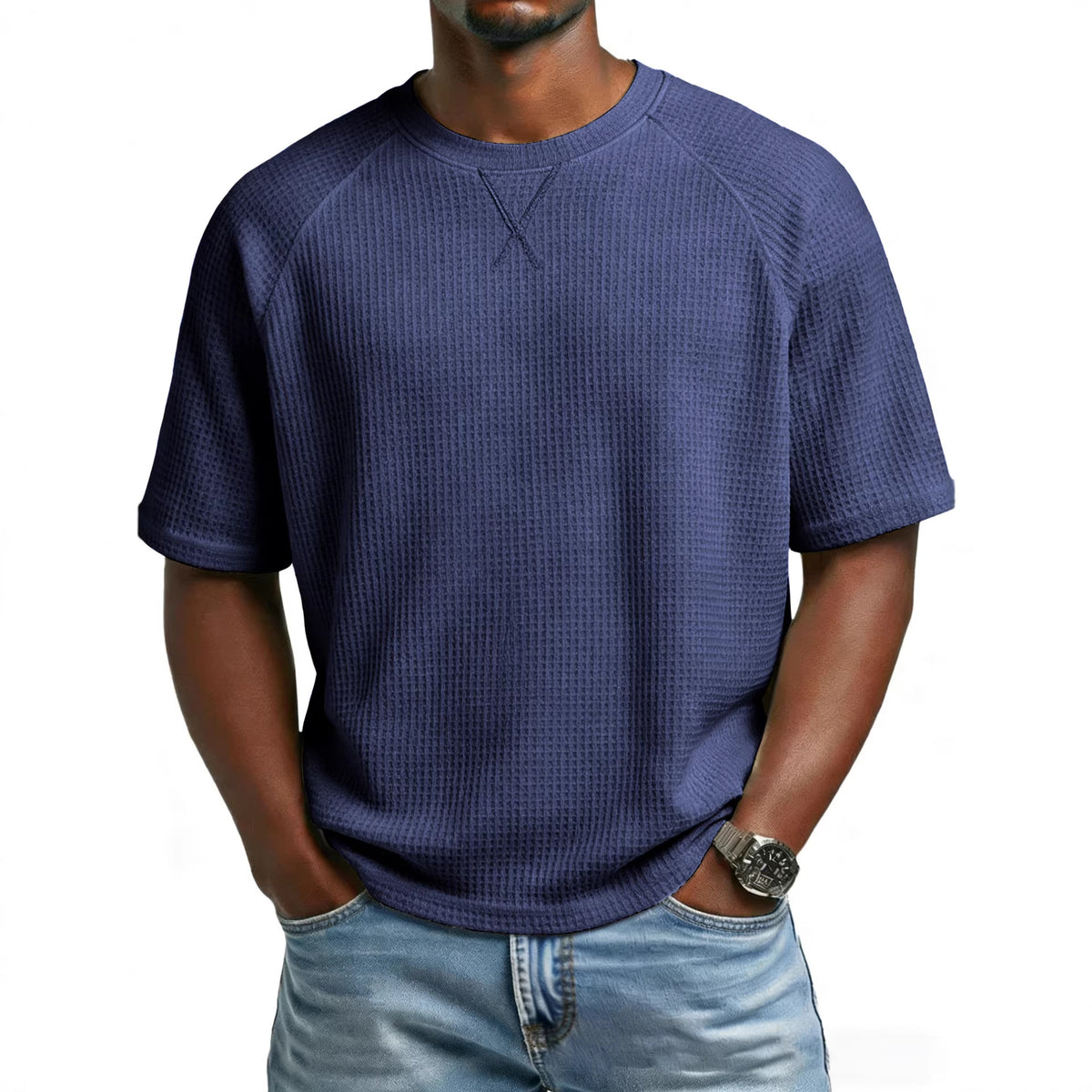 [WHOLESALE ONLY - CONTACT TO ORDER] Men's Heavyweight Cotton Waffle Knit Raglan Short Sleeve T-Shirt with V-Stitch Collar[AW-129]