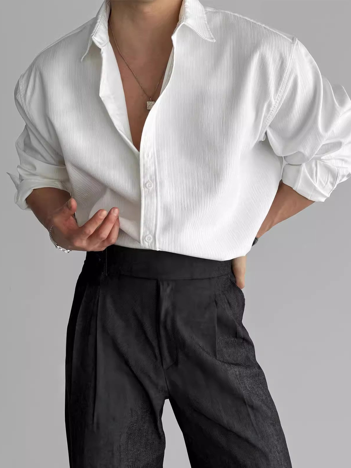 [WHOLESALE ONLY - CONTACT TO ORDER] Men's Korean Clean Fit Relaxed Textured Plissé Long Sleeve Button-Up Shirt (Optical White) [AW-314]