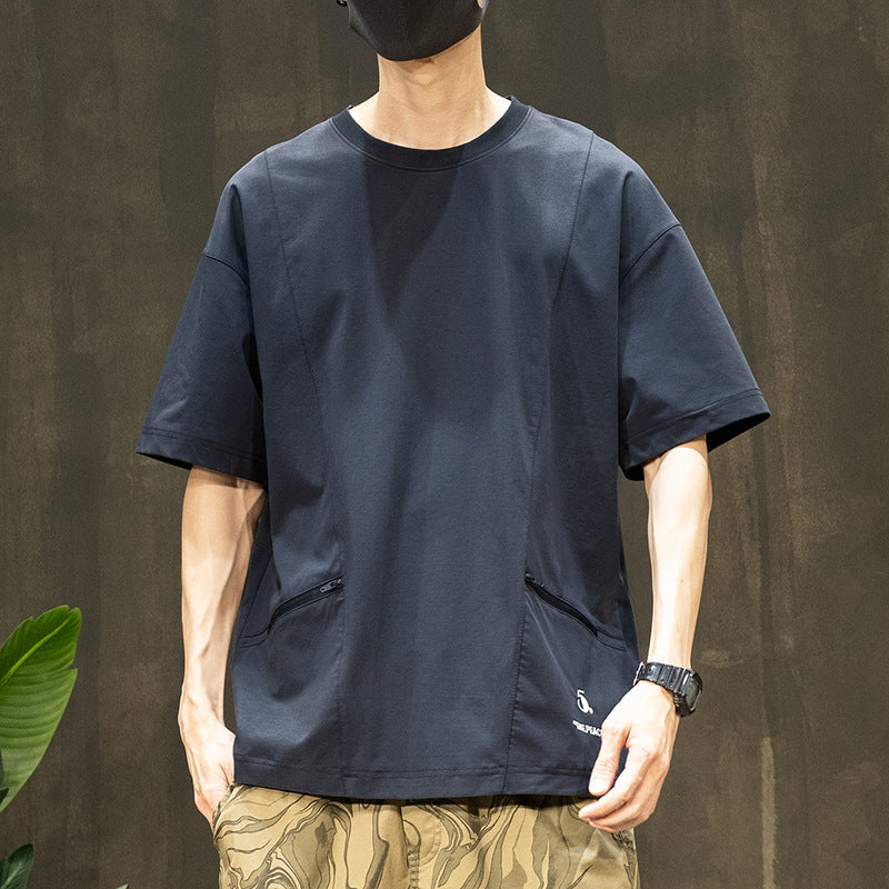 [WHOLESALE ONLY - CONTACT TO ORDER] Men's Techwear Gorpcore Quick-Dry Drop-Shoulder T-Shirt with Dual Zipper Pockets (Carbon Black) [AW-325]