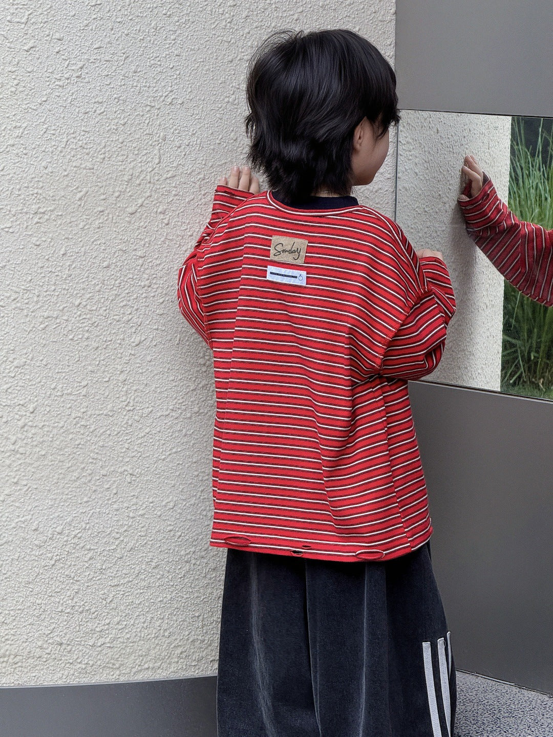[WHOLESALE ONLY - CONTACT TO ORDER] Kids Unisex Oversized 100% Combed Cotton Heavyweight Striped Long Sleeve T-Shirt with Distressed Hem (Red & Navy Stripe) [KW-219]