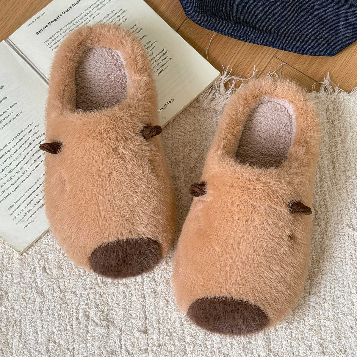 [WHOLESALE ONLY - CONTACT TO ORDER] Unisex Heavyweight Fuzzy Plush 3D Capybara Memory Foam Winter Slippers (Caramel Brown) [FM-129]