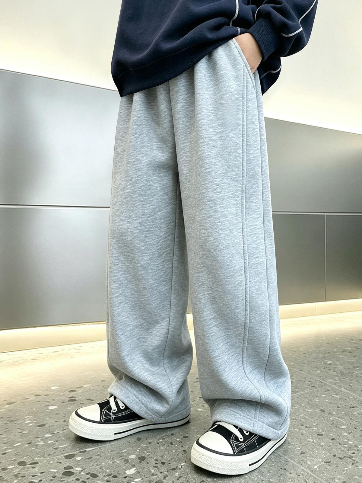 [WHOLESALE ONLY - CONTACT TO ORDER] Kids Unisex Heavyweight 75% Cotton Fleece Front Pintuck Seam Wide-Leg Sweatpants (Heather Grey) [KW-181]