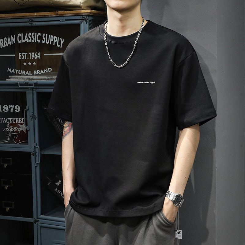 [WHOLESALE ONLY - CONTACT TO ORDER] Men's Clean Fit Heavyweight 100% Combed Cotton Drop-Shoulder T-Shirt with Micro Slogan (Obsidian Black) [AW-323]