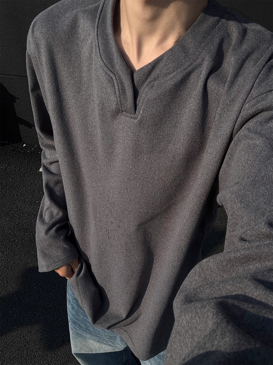 [WHOLESALE ONLY - CONTACT TO ORDER] Unisex Cotton Blend Minimalist Notched V-Neck Drop-Shoulder Long Sleeve Knit Top (Charcoal Grey) [AW-514]