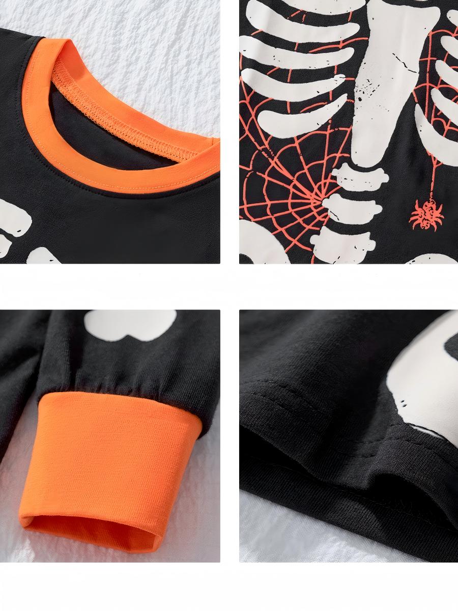 [WHOLESALE ONLY - CONTACT TO ORDER] Kids Unisex Glow-in-the-Dark Skeleton Halloween Cotton Long Sleeve Pajama Set (Black/Orange) [KW-231]