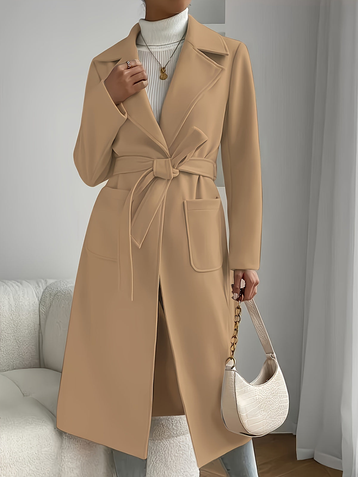 [WHOLESALE ONLY - CONTACT TO ORDER] Women's Heavyweight 70% Cotton Notch Lapel Belted Long Trench Duster Coat (Classic Camel) [AW-359]