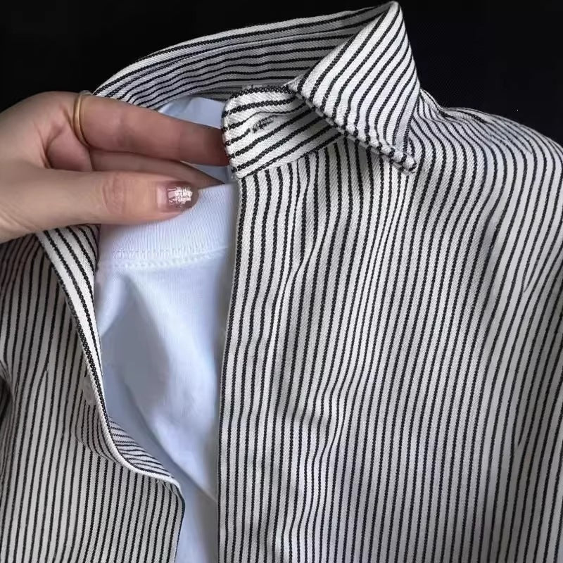 [WHOLESALE ONLY - CONTACT TO ORDER] Unisex Relaxed Fit Heavyweight 100% Cotton Twill Striped Long Sleeve Button-Up Shirt (Black Stripe / Blue Stripe) [AW-441]