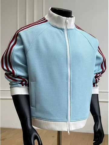 [WHOLESALE ONLY - CONTACT TO ORDER] Unisex Relaxed Fit Heavyweight Textured Waffle Knit Retro Track Jacket with Striped Sleeves (Sky Blue) [AW-301]
