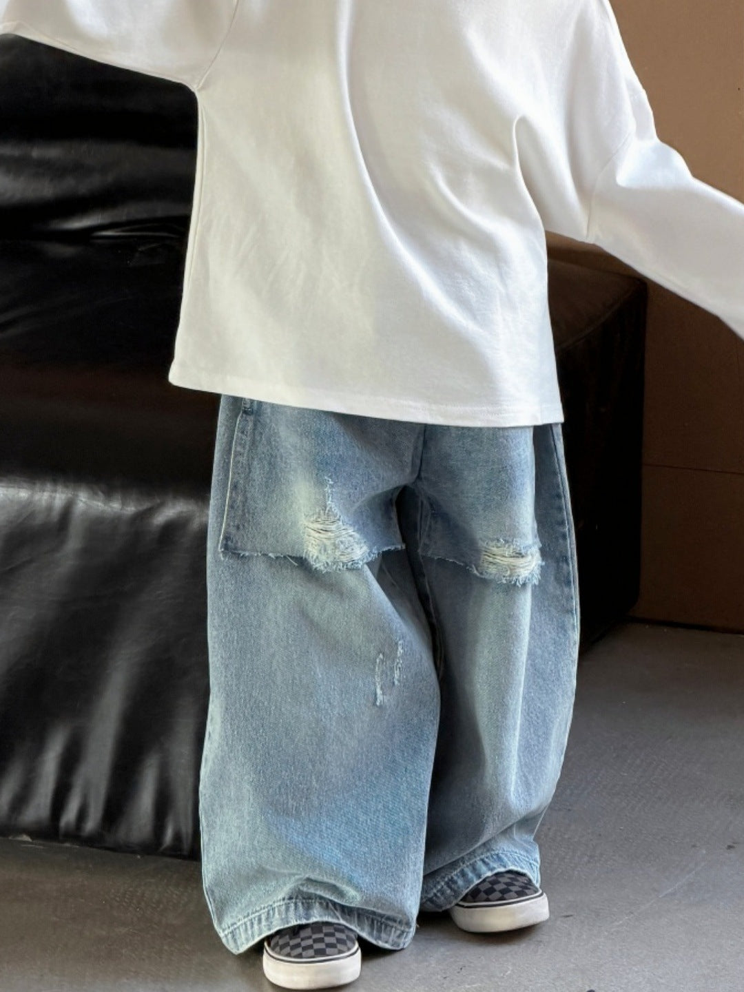 [WHOLESALE ONLY - CONTACT TO ORDER] Unisex Kids Heavyweight 85% Cotton Layered Flap Distressed Baggy Denim Jeans (Light Blue) [KW-210]
